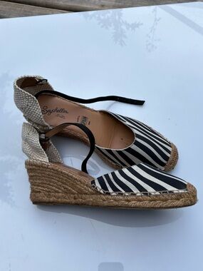 Splendid Black and White Striped Espadrille Wedge with Ankle Tie